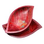 Wood batik decorative bowls, bowl, 'Java Leaf' (pair) - 2 Hand Painted Batik Leaf-Shaped Wood Bowls