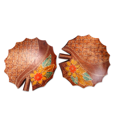 Wood batik decorative bowls, 'Java Lotus Leaf' (pair) - Two Artisan Crafted Batik Decorative Bowl from Java