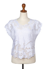 Rayon short-sleeved top, 'Rose Mallow in White' - Floral White-On-White Openwork and Embroidered Rayon Top