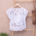 Rayon short-sleeved top, 'Rose Mallow in White' - Floral White-On-White Openwork and Embroidered Rayon Top