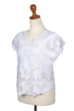 Rayon short-sleeved top, 'Rose Mallow in White' - Floral White-On-White Openwork and Embroidered Rayon Top