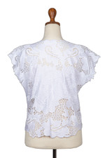 Rayon short-sleeved top, 'Rose Mallow in White' - Floral White-On-White Openwork and Embroidered Rayon Top