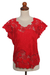 Rayon short-sleeved top, 'Rose Mallow in Red' - Red Floral Openwork and Embroidered Rayon Top (image 2a) thumbail