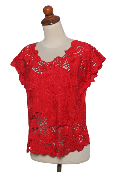 Rayon short-sleeved top, 'Rose Mallow in Red' - Red Floral Openwork and Embroidered Rayon Top