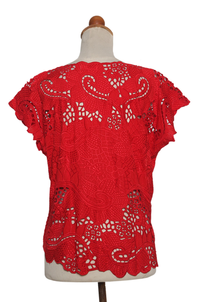Rayon short-sleeved top, 'Rose Mallow in Red' - Red Floral Openwork and Embroidered Rayon Top