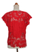 Rayon short-sleeved top, 'Rose Mallow in Red' - Red Floral Openwork and Embroidered Rayon Top (image 2c) thumbail