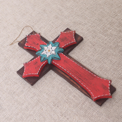 Wood wall cross, 'Weathered Faith in Red' - Rustic Red Wood Wall Cross with Flowers