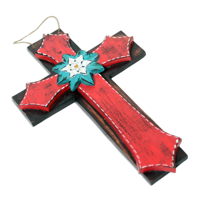 Wood wall cross, 'Weathered Faith in Red' - Rustic Red Wood Wall Cross with Flowers