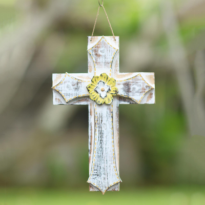 Wood wall cross, 'Weathered Faith in White' - White Hand Carved Wood Wall Cross from Bali