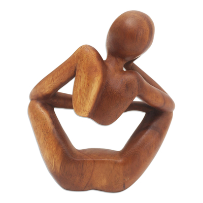 Suar wood statuette, 'Thinking Posture' - Hand Carved Suar Wood Statuette