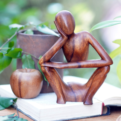 Hand-Carved Semi-Abstract Suar Wood Sculpture of Woman, 'My Time