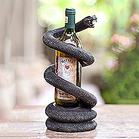 Wood bottle holder, 'Snake Embrace'