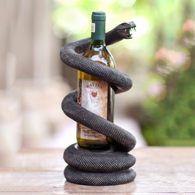 Wood bottle holder, 'Snake Embrace' - Coiled Snake Wood Wine Bottle Holder