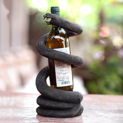 Wood bottle holder, 'Snake Embrace' - Coiled Snake Wood Wine Bottle Holder