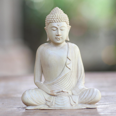 Wood sculpture, 'Buddha Praying I' - Meditating Buddha Hand Carved Wood Sculpture