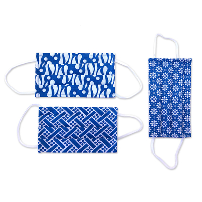 Baumwoll-Batik-Gesichtsmasken, (3er-Set) - 3 plissierte 2-lagige Gesichtsmasken aus blau-weißer Baumwolle mit Batikmuster