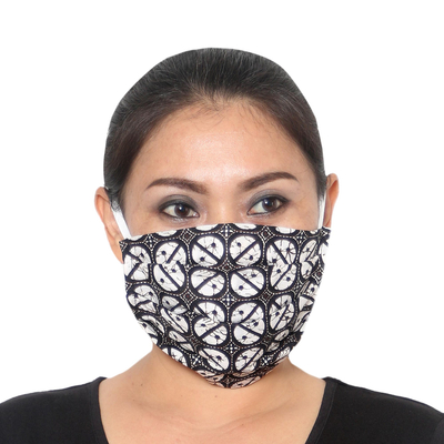 Cotton batik face masks, 'Balinese Ebony' (set of 3) - 3 Black and White Cotton Batik Pleated 2-Layer Face Masks