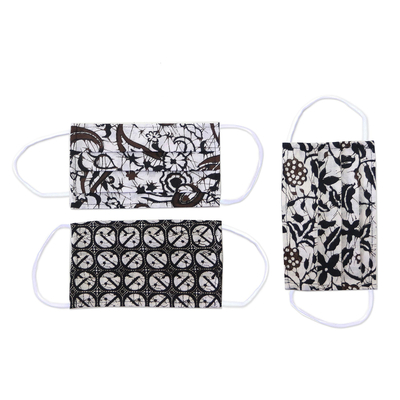 Baumwoll-Batik-Gesichtsmasken, (3er-Set) - 3 plissierte 2-lagige Gesichtsmasken aus schwarz-weißer Baumwolle mit Batikmuster