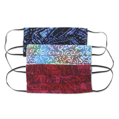 Rayon-Batik-Gesichtsmasken, „Joyous Song“ (3er-Set) – 3 balinesische plissierte 2-lagige Viskose-Batik-Masken mit elastischen Schlaufen