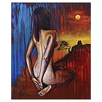 'Sad Love' - Original Signed Expressionist Nude Painting in Red and Blue