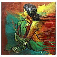 'Esperando' - Pintura de desnudo femenino expresionista del artista de Bali