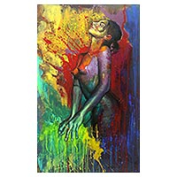 'Ella optimista' - Pintura audaz y colorida de desnudo femenino