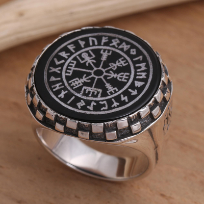 Obsidian signet ring, 'Viking Protection' - Obsidian and Sterling Silver Viking Signet Ring