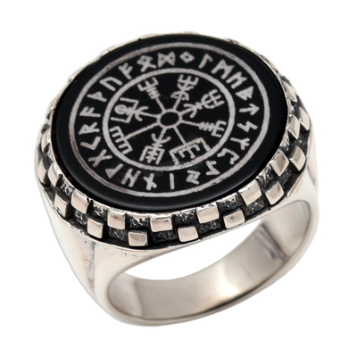 Obsidian signet ring, 'Viking Protection' - Obsidian and Sterling Silver Viking Signet Ring