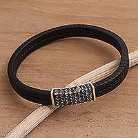 Sterling silver and leather braided bracelet, 'Dotted Rhythm'