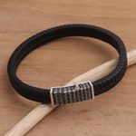 Sterling silver and leather braided bracelet, 'Dotted Rhythm' - Hand Crafted Leather and Sterling Silver Braided Bracelet