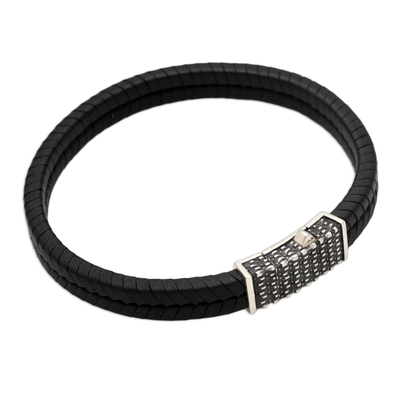Sterling silver and leather braided bracelet, 'Dotted Rhythm' - Hand Crafted Leather and Sterling Silver Braided Bracelet