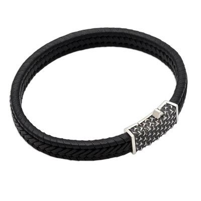 Sterling silver and leather braided bracelet, 'Straight as an Arrow' - Hand Made Sterling Silver and Leather Arrow Braided Bracelet