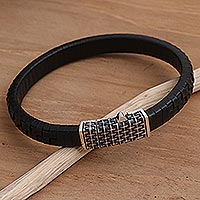 Sterling silver and leather braided bracelet, 'Order of the Cross' - Hand Crafted Sterling Silver and Leather Braided Bracelet