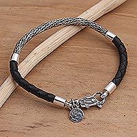 Sterling silver and leather braided charm bracelet, 'Fish Symmetry'