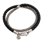 Sterling silver and leather braided wrap bracelet, 'Fish of Fortune' - Handmade Sterling Silver and Leather Braided Wrap Bracelet