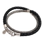 Sterling silver and leather braided wrap bracelet, 'Fish of Fortune' - Handmade Sterling Silver and Leather Braided Wrap Bracelet