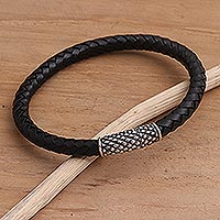 Sterling silver and leather braided bracelet, 'Daring Dots'