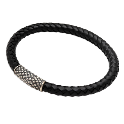 Sterling silver and leather braided bracelet, 'Daring Dots' - Hand Crafted Sterling Silver and Leather Braided Bracelet