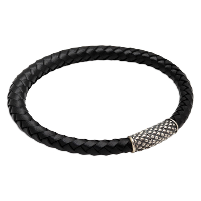 Sterling silver and leather braided bracelet, 'Daring Dots' - Hand Crafted Sterling Silver and Leather Braided Bracelet