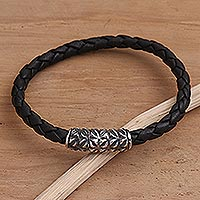 Sterling silver and leather braided bracelet, 'Braided in Black'