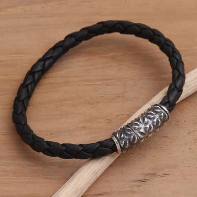 Sterling silver and leather braided bracelet, 'Braided in Black' - Artisan Crafted Sterling Silver and Leather Braided Bracelet