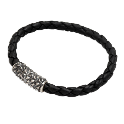 Sterling silver and leather braided bracelet, 'Braided in Black' - Artisan Crafted Sterling Silver and Leather Braided Bracelet