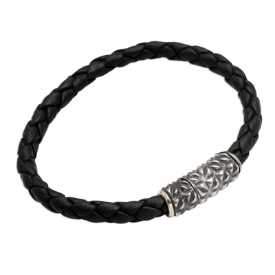 Geflochtenes Armband aus Sterlingsilber und Leder, „Braided in Black“ – handwerklich gefertigtes geflochtenes Armband aus Sterlingsilber und Leder