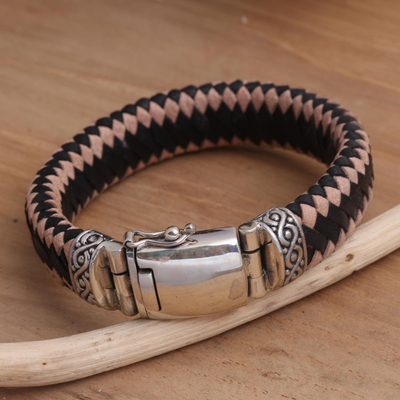 Men's sterling silver and leather braided bracelet, 'Two Brothers' - Men's Sterling Silver and Leather Braided Bracelet
