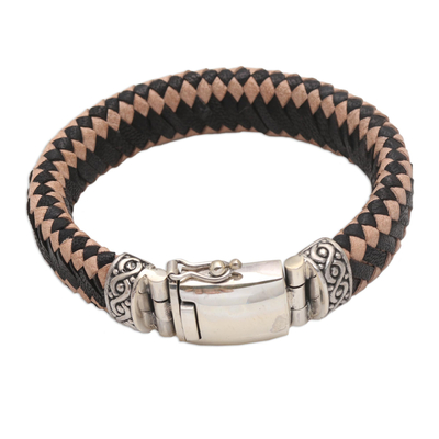 Men's sterling silver and leather braided bracelet, 'Two Brothers' - Men's Sterling Silver and Leather Braided Bracelet