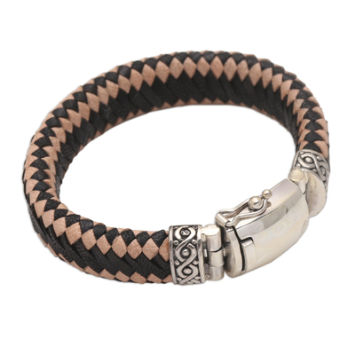 Men's sterling silver and leather braided bracelet, 'Two Brothers' - Men's Sterling Silver and Leather Braided Bracelet from Bali