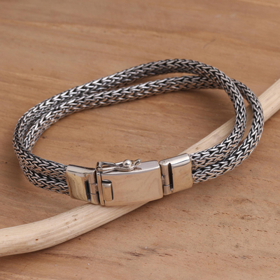 Men's sterling silver chain bracelet, 'Double Foxtail' - Men's Handmade Sterling Silver Chain Bracelet