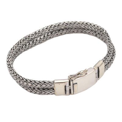 Men's sterling silver chain bracelet, 'Double Foxtail' - Men's Handmade Sterling Silver Chain Bracelet