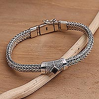 Men's Sterling Silver and Onyx Chain Bracelet,'Foxtail Eye'