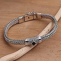 Pulsera colgante de ónix para hombre, 'Foxtail Eye' - Pulsera de cadena de plata de ley y ónix para hombre